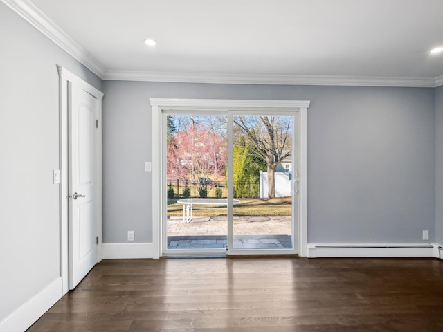 doorway to outside featuring ornamental molding, a baseboard radiator, dark wood-style flooring, and baseboards