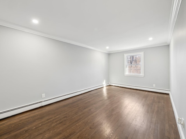 unfurnished room featuring crown molding, a baseboard radiator, baseboard heating, wood finished floors, and baseboards