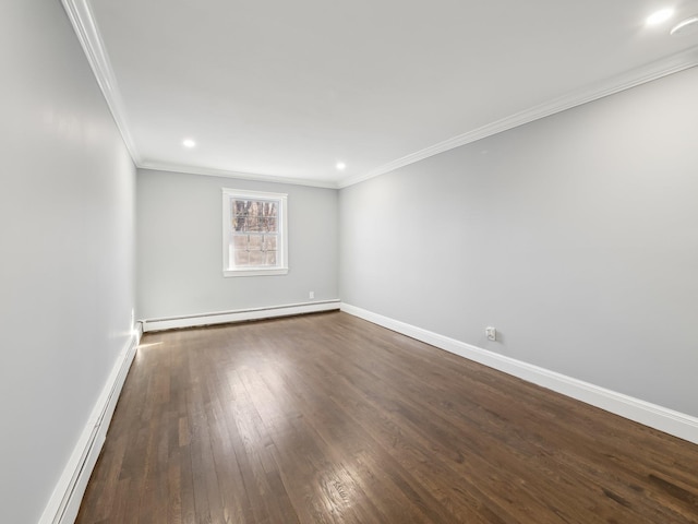 unfurnished room with hardwood / wood-style flooring, baseboards, baseboard heating, and crown molding