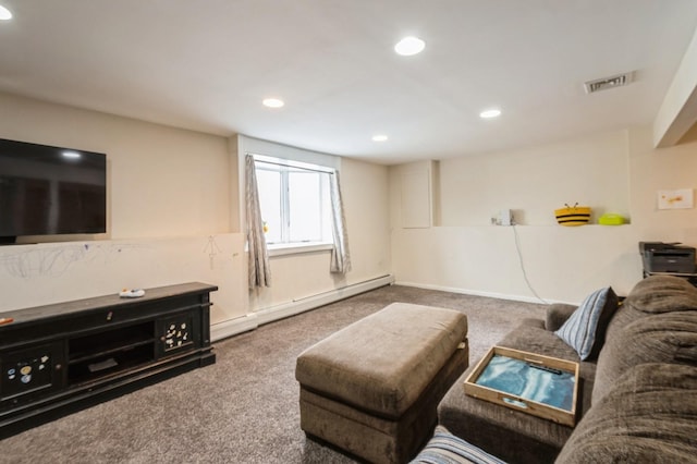 living room featuring visible vents, baseboards, a baseboard radiator, carpet floors, and recessed lighting