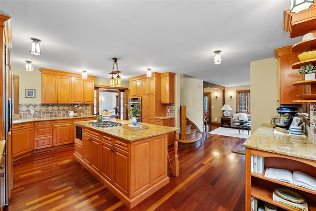 5 Shingle House Rd, Millwood, NY 10546 - kitchen featuring decorative backsplash, appliances with stainless steel finishes, a center island, open shelves, and dark wood-style floors