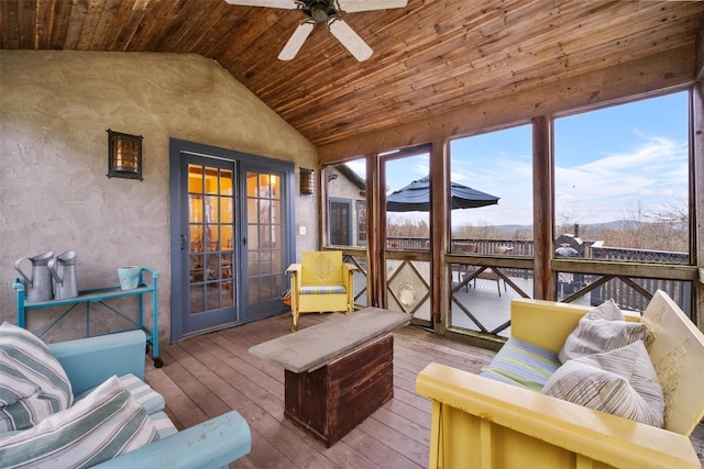 5 Shingle House Rd, Millwood, NY 10546 - sunroom / solarium featuring ceiling fan, a deck with water view, vaulted ceiling, wooden ceiling, and wood-type flooring