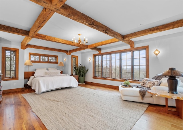 5 Shingle House Rd, Millwood, NY 10546 - bedroom with beam ceiling, baseboards, wood-type flooring, a notable chandelier, and coffered ceiling