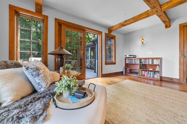 5 Shingle House Rd, Millwood, NY 10546 - living room featuring wood finished floors, plenty of natural light, baseboards, and beamed ceiling