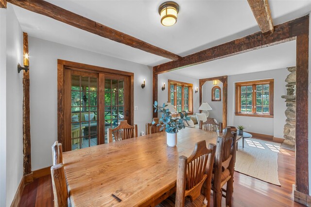 5 Shingle House Rd, Millwood, NY 10546 - dining space with beamed ceiling, baseboards, and wood finished floors