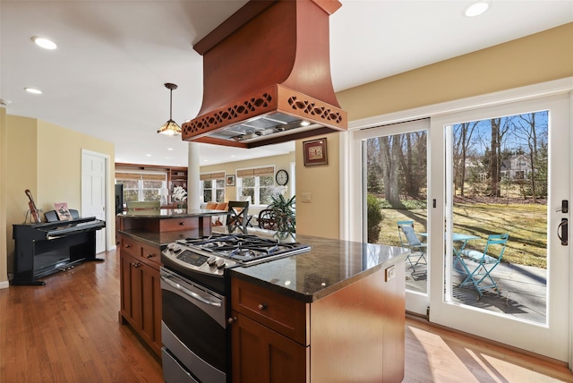 kitchen with a wealth of natural light, island exhaust hood, stainless steel range with gas cooktop, and wood finished floors