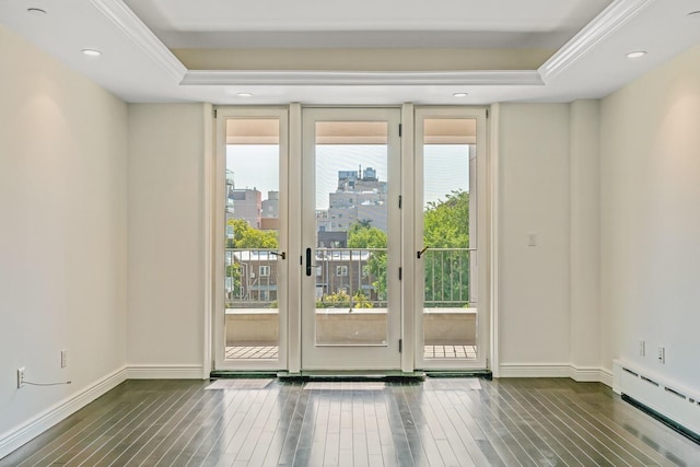 doorway featuring a tray ceiling, dark wood-style flooring, a baseboard radiator, and a healthy amount of sunlight