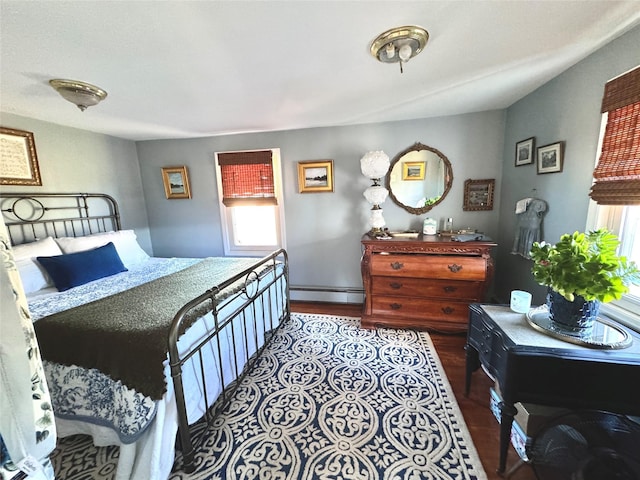 bedroom with a baseboard radiator and wood finished floors