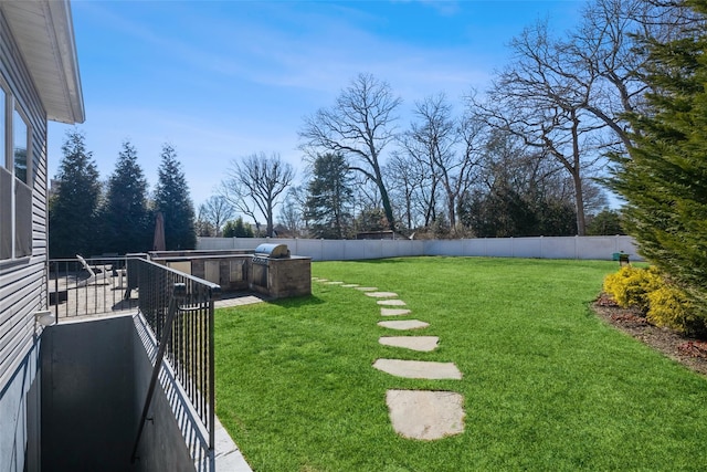 view of yard with a fenced backyard, a balcony, and area for grilling