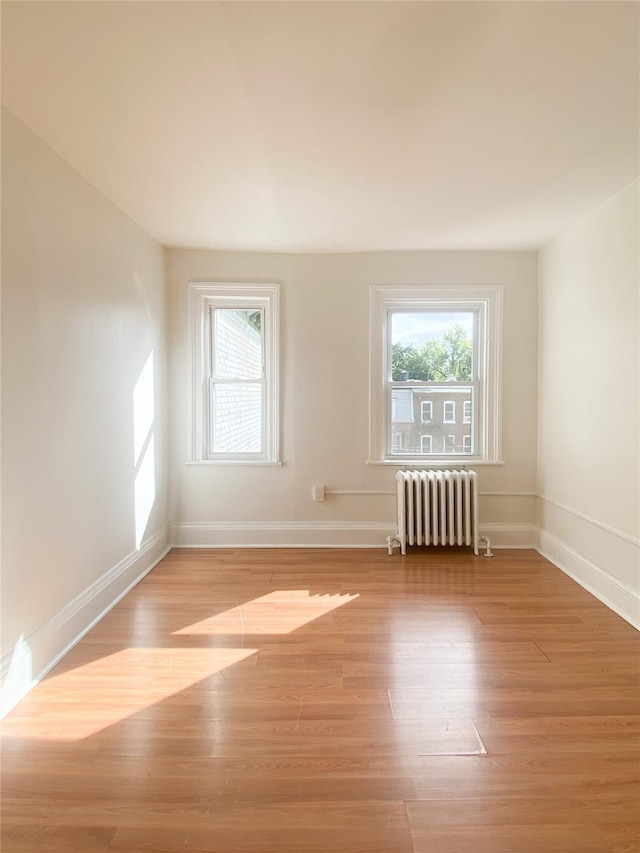 empty room with light wood-style floors, a wealth of natural light, and radiator