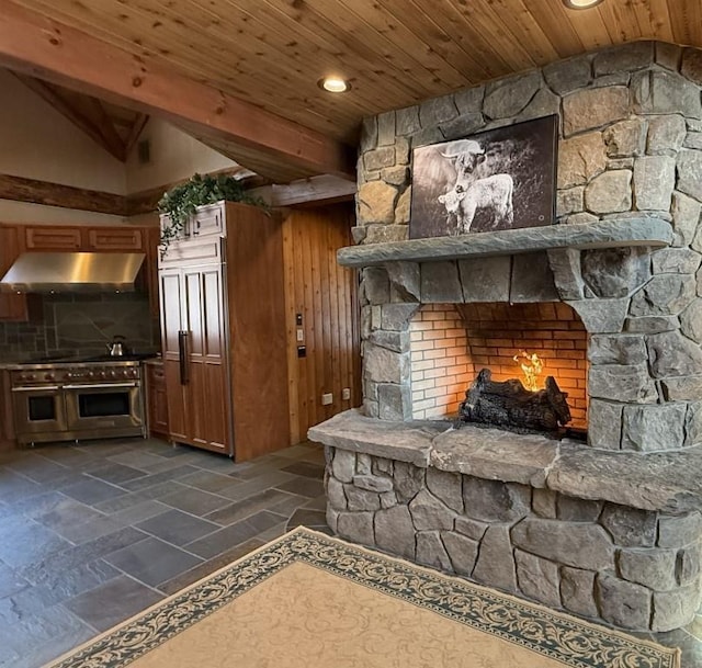 details with wooden ceiling, wall oven, recessed lighting, under cabinet range hood, and beam ceiling