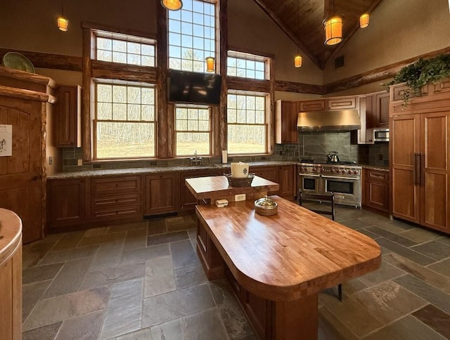 kitchen with stone tile flooring, wooden counters, decorative backsplash, a sink, and under cabinet range hood