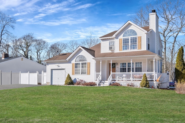 view of front of house featuring covered porch, a shingled roof, fence, a chimney, and a front yard