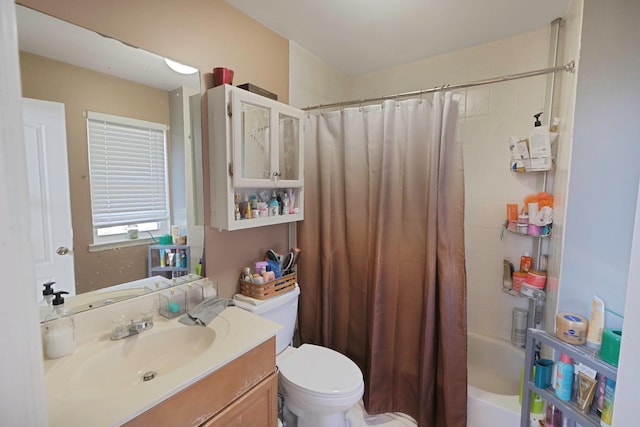 full bathroom with toilet, shower / bath combination with curtain, and vanity