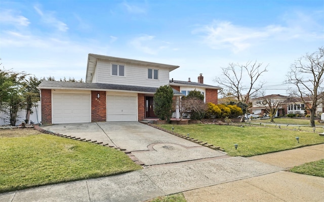 view of front of property with driveway, a chimney, a front lawn, and brick siding