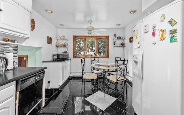 kitchen featuring open shelves, dark countertops, white cabinetry, beverage cooler, and black appliances