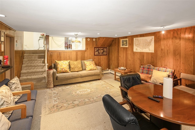 988 Howard Ct, Baldwin Harbor, NY 11510 - carpeted living room featuring wooden walls and stairway