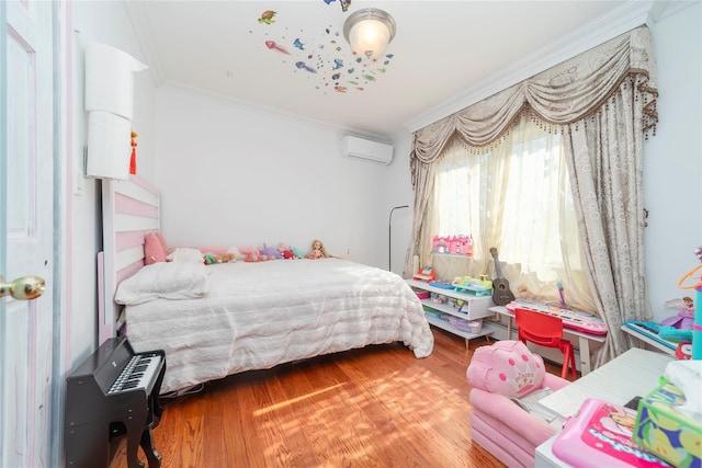 bedroom featuring an AC wall unit, wood finished floors, and crown molding