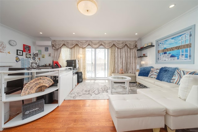 living room with an AC wall unit, ornamental molding, wood finished floors, and recessed lighting