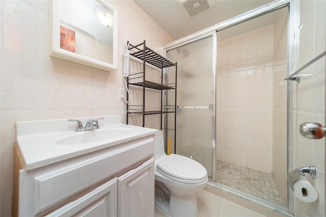 full bath with visible vents, vanity, a shower stall, and toilet