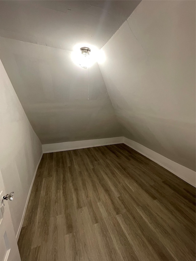 interior space featuring lofted ceiling, baseboards, and dark wood-type flooring