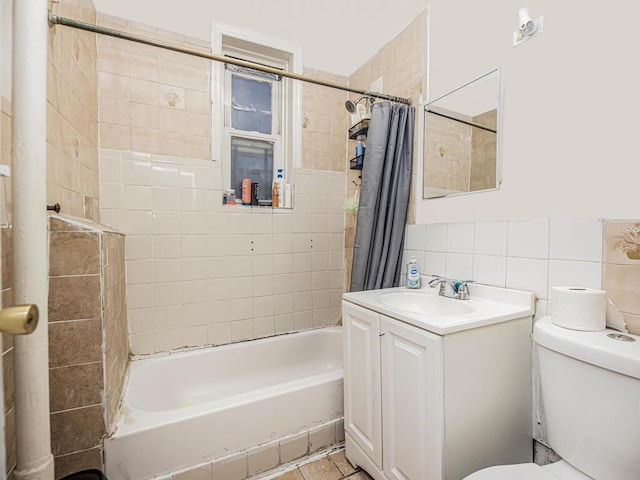 full bath with toilet, backsplash, shower / bath combination with curtain, vanity, and tile walls