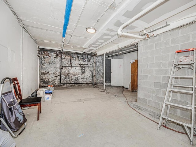 unfinished basement featuring concrete block wall