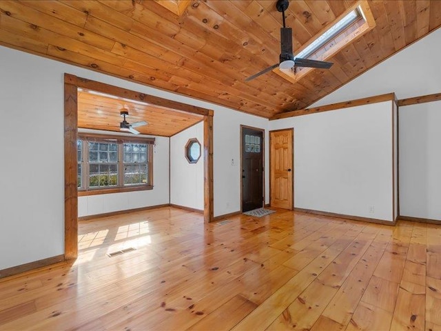 unfurnished living room with wooden ceiling, a ceiling fan, visible vents, and light wood finished floors