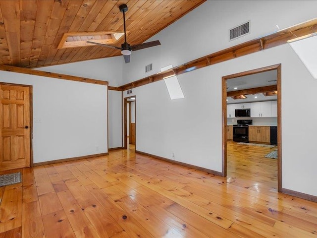 spare room featuring wooden ceiling, visible vents, and light wood-type flooring