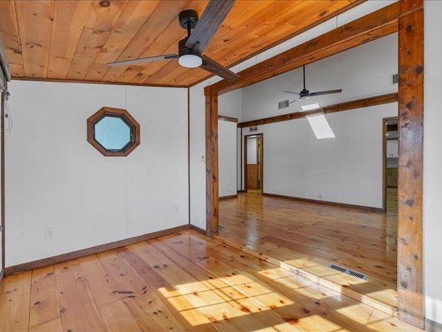 spare room featuring wooden ceiling, a ceiling fan, and hardwood / wood-style flooring