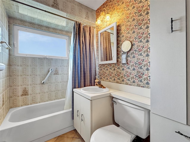 full bathroom with wallpapered walls, toilet, tile patterned floors, shower / bath combination with curtain, and vanity