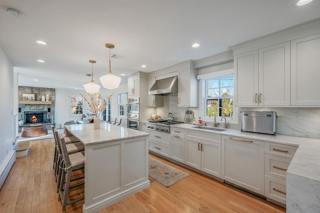 kitchen with backsplash, appliances with stainless steel finishes, a sink, light wood-type flooring, and wall chimney exhaust hood