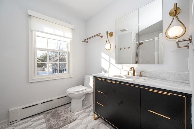 bathroom featuring a shower, visible vents, toilet, a baseboard heating unit, and vanity