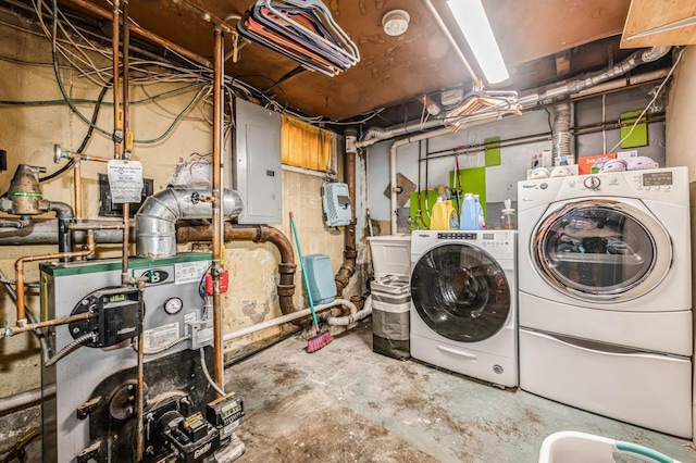 laundry room with laundry area, independent washer and dryer, electric panel, and a heating unit