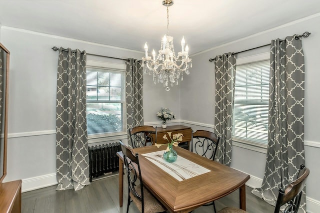 dining room with a healthy amount of sunlight, radiator heating unit, ornamental molding, and wood finished floors