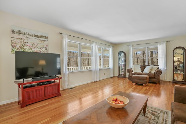 living area featuring light wood-type flooring, visible vents, and baseboards