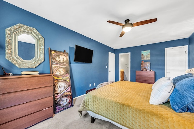 bedroom featuring carpet, baseboards, and ceiling fan