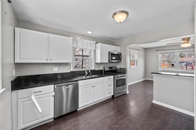 kitchen with a sink, dark wood-type flooring, a wealth of natural light, and stainless steel appliances