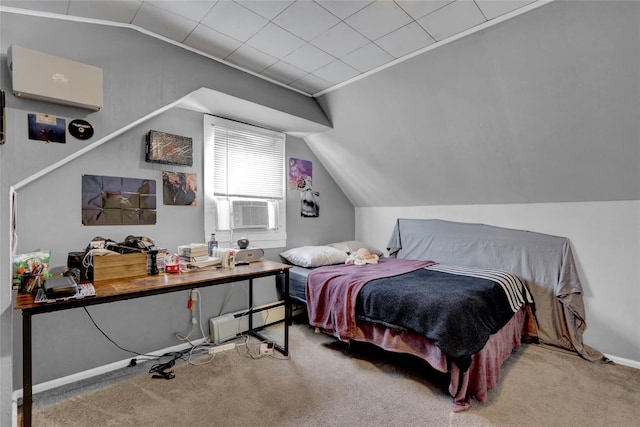 bedroom featuring lofted ceiling, carpet, a baseboard radiator, and cooling unit