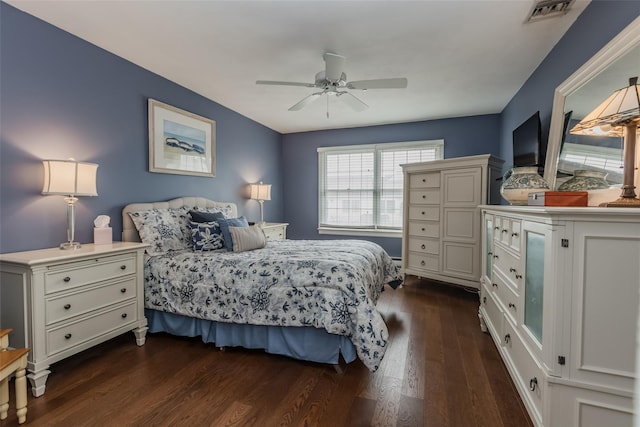 bedroom with dark wood-type flooring, visible vents, and a ceiling fan