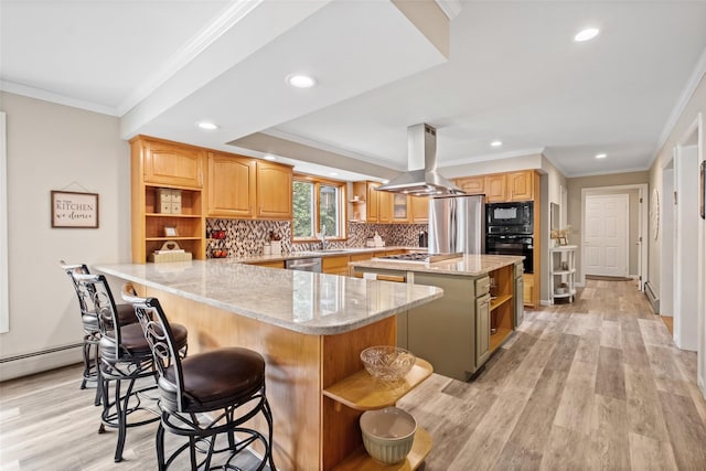 kitchen featuring island exhaust hood, black appliances, and open shelves