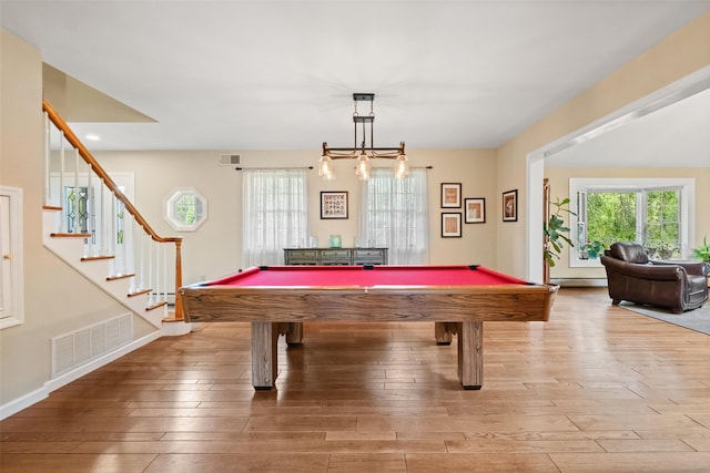 game room with wood-type flooring, visible vents, and billiards