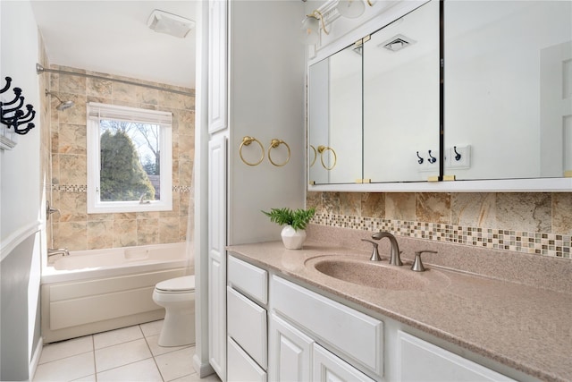 full bath with toilet, tasteful backsplash, tile patterned flooring, and visible vents