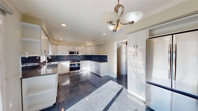 kitchen with granite finish floor, stainless steel appliances, open shelves, and crown molding