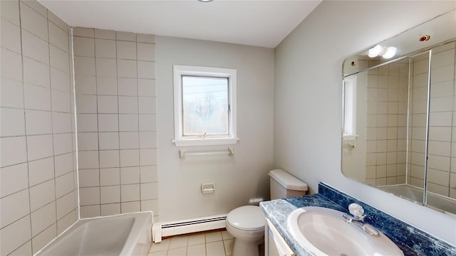 full bath with bathing tub / shower combination, toilet, tile patterned floors, vanity, and a baseboard heating unit