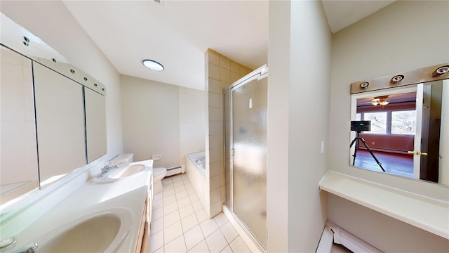 bathroom featuring a baseboard radiator, a bathing tub, a sink, double vanity, and an enclosed shower