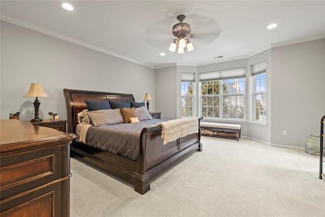 bedroom with recessed lighting, baseboards, ornamental molding, and light colored carpet