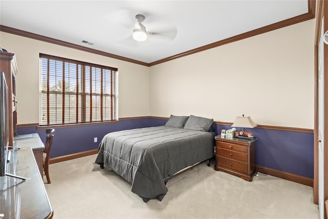 bedroom featuring baseboards, carpet floors, visible vents, and crown molding