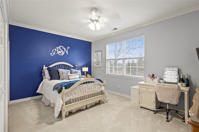 bedroom with baseboards, light colored carpet, visible vents, and crown molding