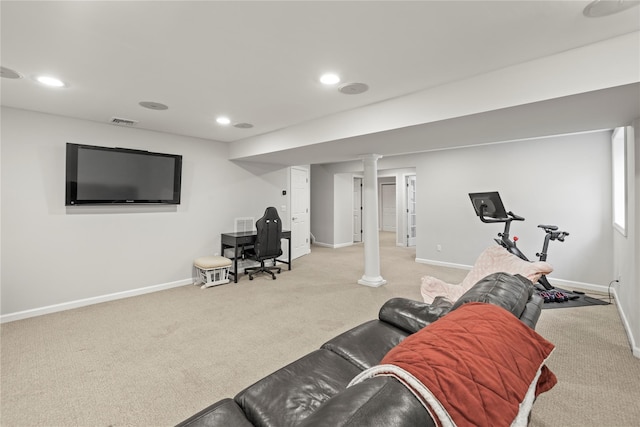 exercise area featuring baseboards, carpet floors, visible vents, and recessed lighting